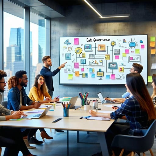 The image features a modern office environment with a diverse group of professionals engaged in a collaborative meeting A large digital screen displays a colorful infographic illustrating a data governance framework highlighting key aspects such as c